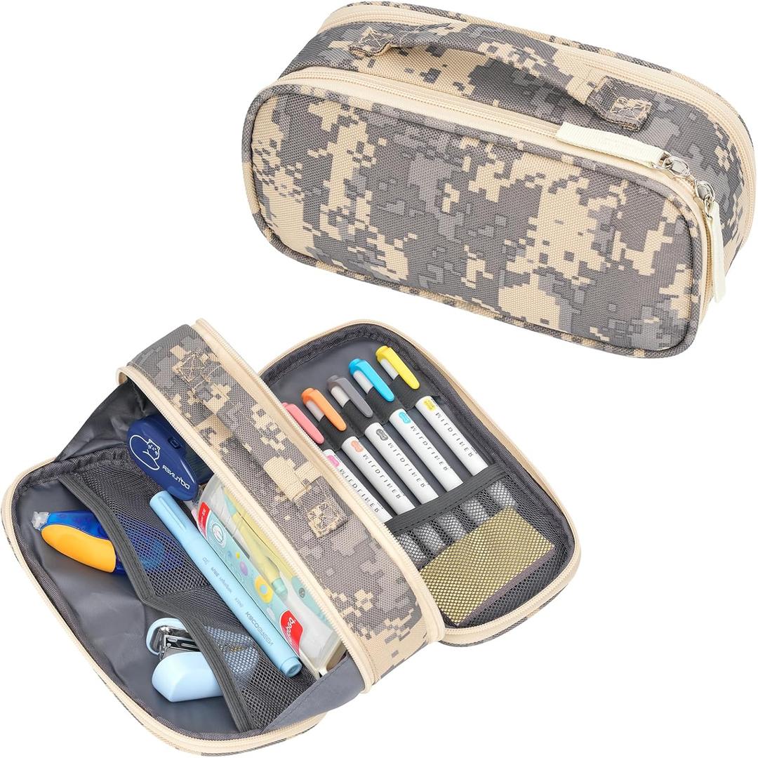 ECHSRT Tactical Pencil Case for Boy, Extra Large Capacity Camo Pencil Pouch for Men Adults, 3 Compartment Zipper Pen Case, Small Tool Bag Organizer for School Office Travel - Camo Grey