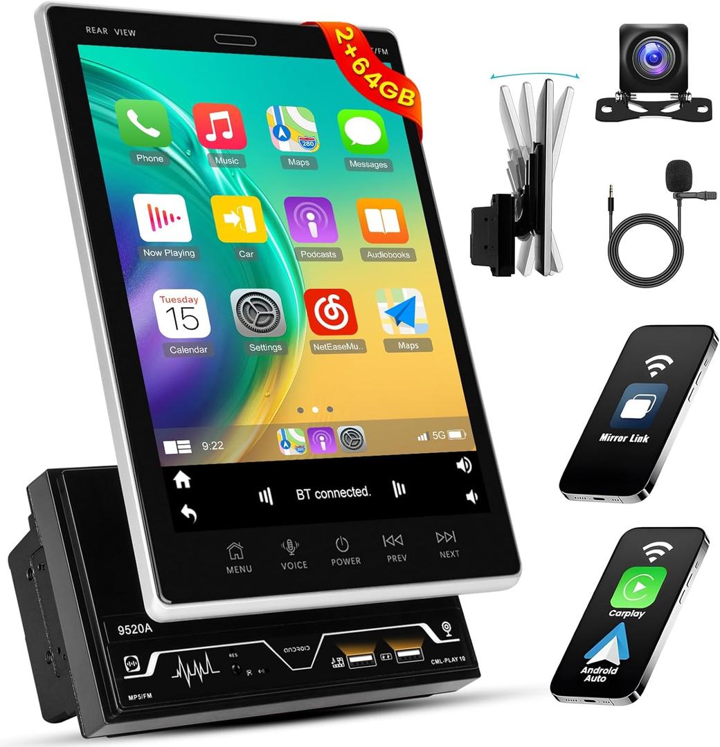 [2+64GB] 9.5 Inch Double Din Android Car Stereo with Vertical HD Touchscreen, Car Audio Receiver with Wireless Carplay Android Auto GPS WiFi Bluetooth FM/RDS Radio EQ SWC Backup Camera MIC