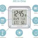 KADAMS Bathroom Clock 9.5" Kitchen Wall Clock with Large LCD Screen  Shower Clock with Suction Cup,Temperature, Humidity, Calendar  Water-Resistant, 4 Mounting Options, Silver