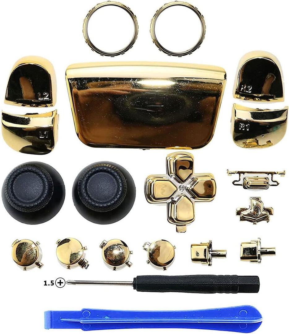 Chrome ABXY Dpad Triggers Buttons Replacement Button Mod Kit +Accent Rings with Tool for Sony PS5 Controller (Chrome Gold)