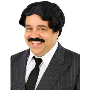 Short Black Wavy Hair Wig with Mustache for Gothic Family Halloween Costume Funny Cosplay (Adults)
