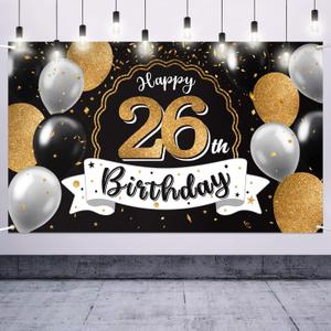 Happy 26th Birthday Decorations,26th Black & Gold Balloon Large Birthday Banner Backdrop Sign - Cheers to 26 Years Old Bday Party Decoration.