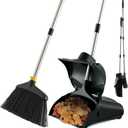 Outdoor Broom and Dustpan Set with Long Handle, Commercial Upright Standing Dust Pan with Windbreak Cover and Brooms Combo for Sweeping Lobby Courtyard Garage Deck Patio Indoor