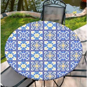 Round Tablecloth with Elastic Edge, 36-60Inch Waterproof Table Cloth for Dinner, Outdoor, Picnic, 48inch, Mandala and Checker