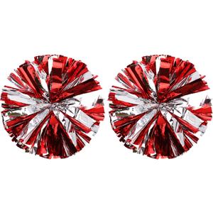 Red and Silver Cheerleading Pom Poms with Finger Rings, 2 Pack Metallic Cheer Accessories for Kids Dance Team, Round Spirit Pompons with Handle for Girls School Sports Performance
