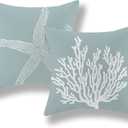 Coastal Pillow Covers 18x18 Inch Set of 2 Blue Coral Starfish Throw Pillows Nautical Ocean Decorations Summer Linen Beach Pillowcase Outdoor Decor Farmhouse Cushion Case for Home Living Room