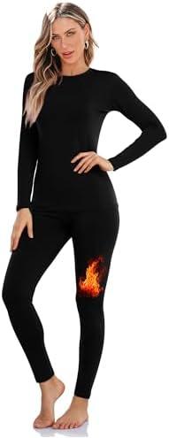Sampeel Thermal Underwear for Women Long Johns with Fleece Lined Long Sleeve Shirt Legging Lounge Set Cold Weather Top Bottom, Black, Size S