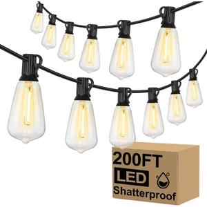 Brightever Outdoor String Lights 200FT Waterproof, Patio String Lights for Outside with 100+4 ST38 Shatterproof LED Filament Bulbs, Dimmable Hanging Lights for Christmas, Party, Cafe (2-Pack 100FT) (200FT-Warm White, Black Wire)