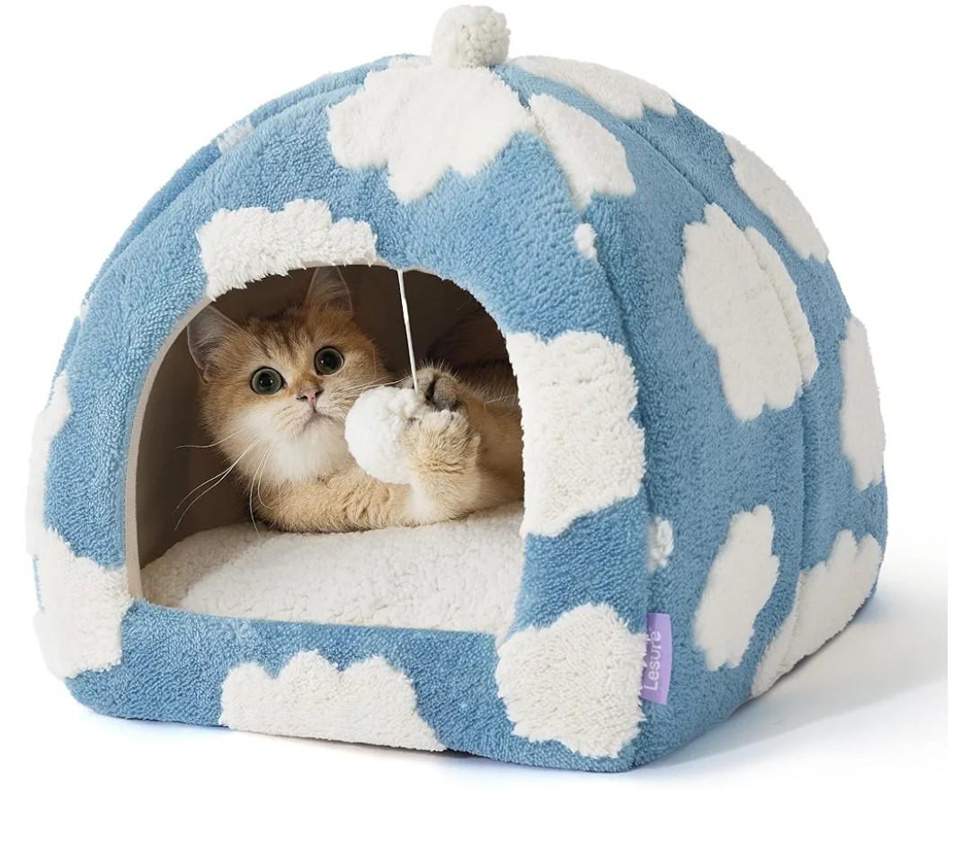 Lesure Cute Cat Beds for Indoor Cats - 2 in 1 Cat Cave Bed for Kittens and Small Pets with Removable Washable Cushioned Pillow, Cozy Kitten Tent with Non-Slip Bottom, Blue, 16 inches