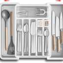 Silverware Drawer Organizer, Expandable Utensil Tray for Kitchen, BPA Free Flatware and Cutlery Holder, Adjustable Plastic Storage for Spoons Forks Knives, Large, Clear
