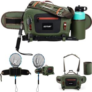 Goture Waterproof Fishing Waist Pack,IPX8 840D TPU Large Tackle Bag with Rod Holder,Airtight Zipper Closure,Detachable Water Bottle Holder, 10L Fly Fishing Bag with Adjustable Strap,Sling Fanny Pack