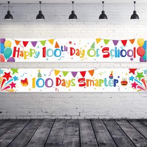 2 Pieces Happy 100th Day of School Banner 100 Days Smarter Banner Inspirational Posters Hooray with 40 Pieces Adhesive Glue Point Dots for Students Classroom Decorations