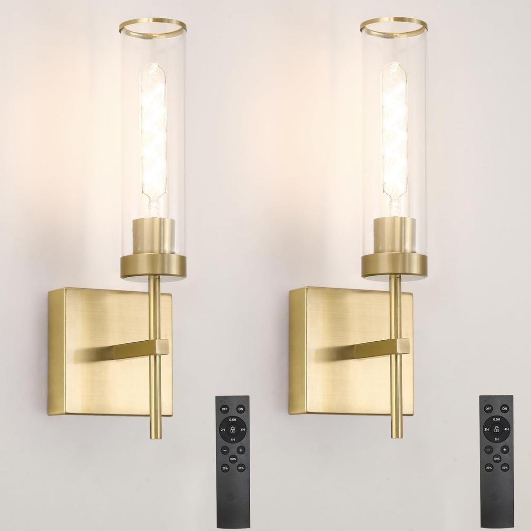 Gold Battery Operated Wall Sconce Set of 2, USB Rechargeable Wall Light with Remote Control, Brass Wireless Vanity Light Fixture with Bulbs(DC 5V), Glass Dimmable Sconce for Living Room Mirror Bedroom (15.94in wireless)