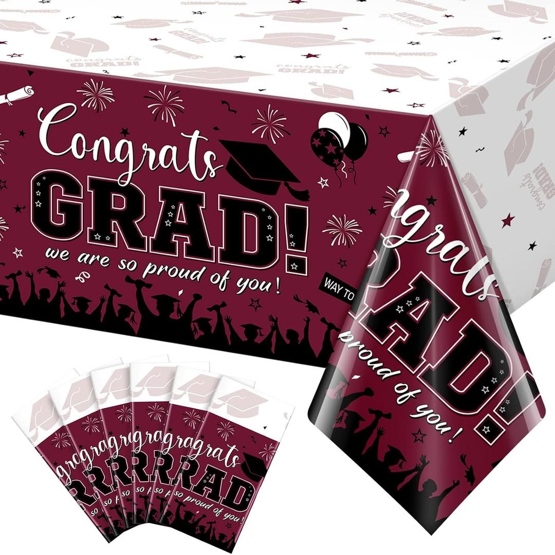 6 Pack Graduation Tablecloth Party Decorations, Class of 2026 Congrats Grad Plastic Tablecover Party Supplies, Maroon Rectangle Graduation Table Decorations for College High School Party, 54 x 108Inch