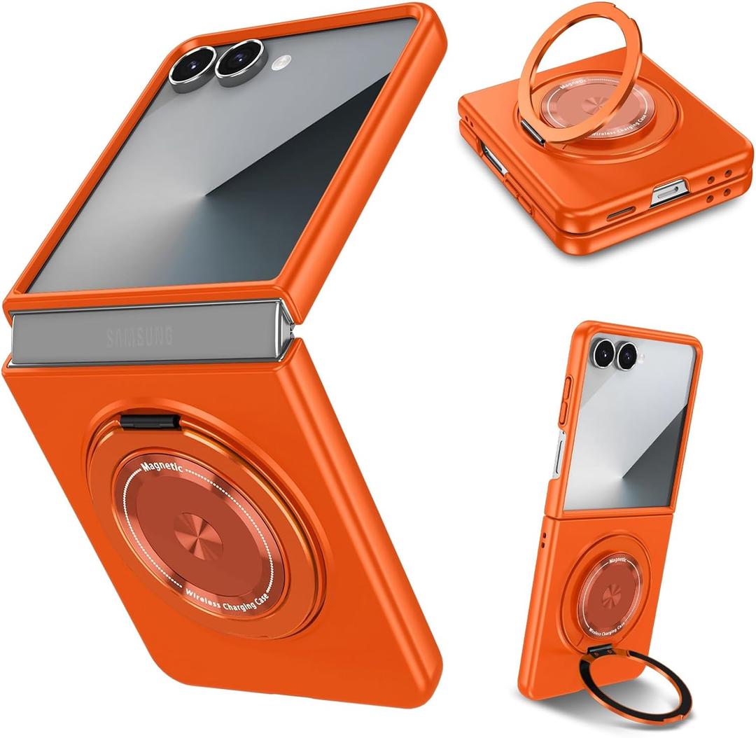 For Samsung Galaxy Z Flip 7Rotate Ring Magnetic Protection Shockproof Cover CaseFoldable Slim Case Compatible with Samsung Galaxy Z Flip 7 (Orange)