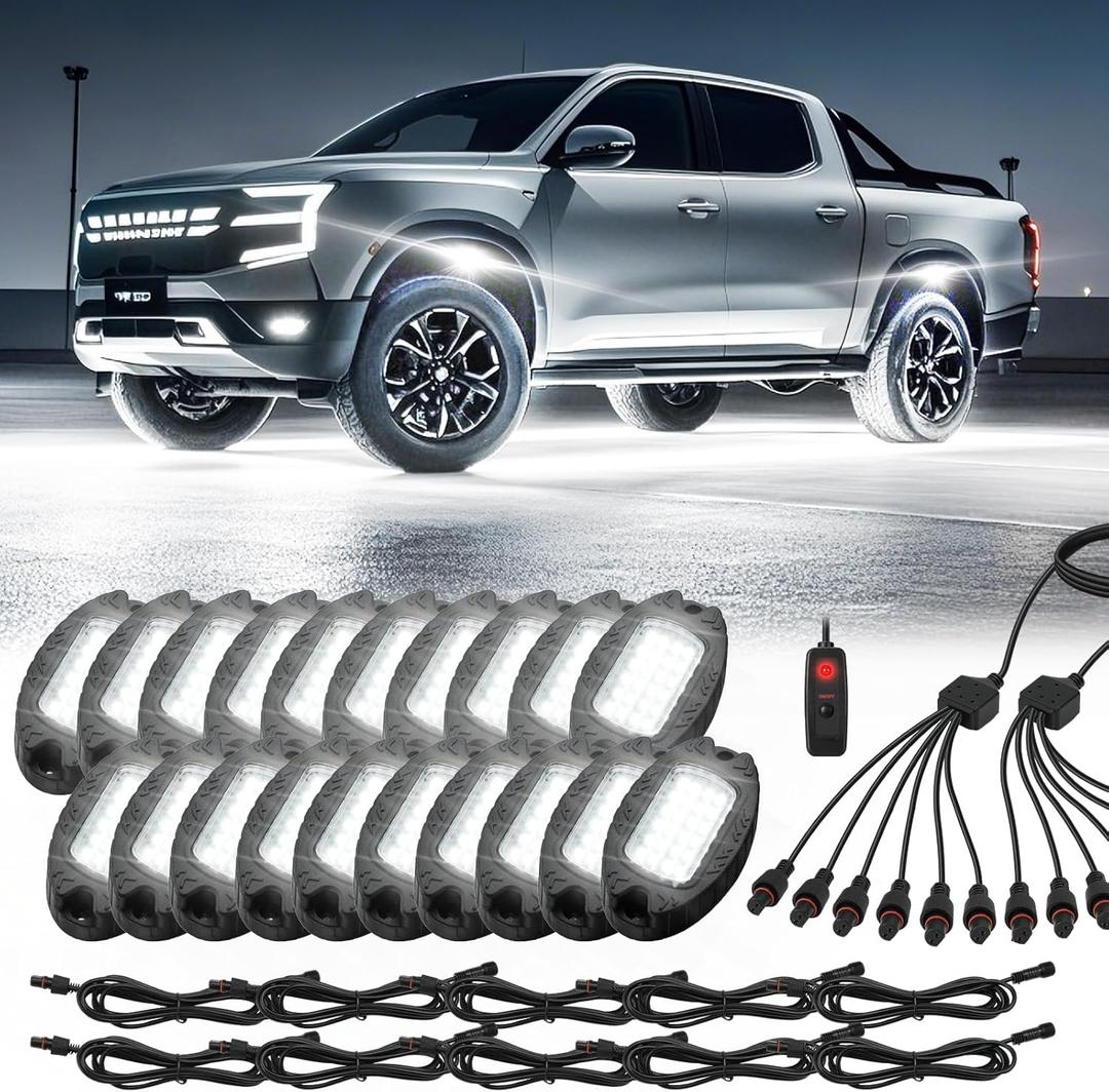 20 Pods Alloy Pure White LED Rock Light for Trucks Trailer Off Road RV Semi Trucks Van, IP68 Waterproof Aluminum Bright White Neon Underglow Light with Wiring Harness 6500K Metal Fender Lights