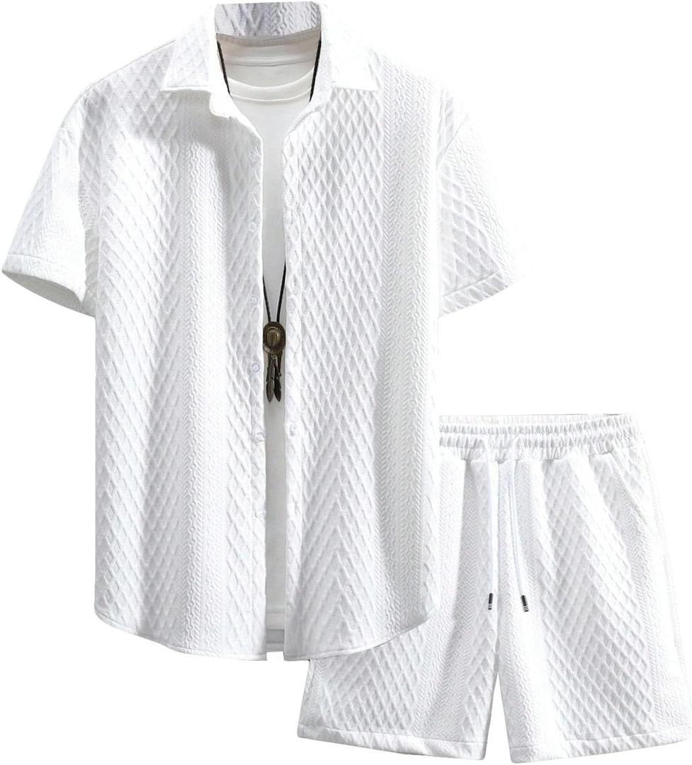 Wyeysyt Mens Summer Outfits 2 Piece Waffle Button Down Beach Vacation Shirt Top and Shorts Set, White, Large