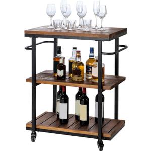 Bar Carts for The Home, Rolling Home Bar Serving Cart on Wheels, 3 Tier Portable Bar Cart, Rolling Coffee Cart with Lockable Wheels, Rustic Burnt Solid Wood and Industrial Matte Black Metal