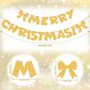 Merry Christmas Banner Golden Metal Christmas Garland Sign with Bows Xmas Retro Style Party Decorations Photo Prop Holiday Decor for Home Office Fireplace Mantle Farmhouse Hanging Wall