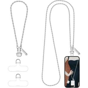 Metal Phone Chain, Crossbody Detachable Phone Lanyard with 1*Wrist Strap & 2* Tether Tabs for iPhone and Smartphones (Pale Silver,Extend)