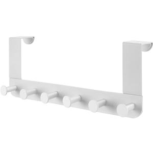 Heavy Duty Metal Over the Door Hooks, Back of Door 6 Peg Coat Rack for Hanging Clothes Purse Bags, Sturdy Overdoor Hanger Hook, No-Drill Door Mount Bathroom Towel & Robe Holder, Modern Matte White