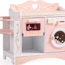 ROBOTIME Wooden 6-in-1 Baby Doll Changing Table with Baby Doll Crib, Washing Machine, Bottle Sterilizer, Storage Area, and Doll Seat, Ideal Role-Playing Toy for Kids 3+, Fits Dolls Up to 20 in, Pink