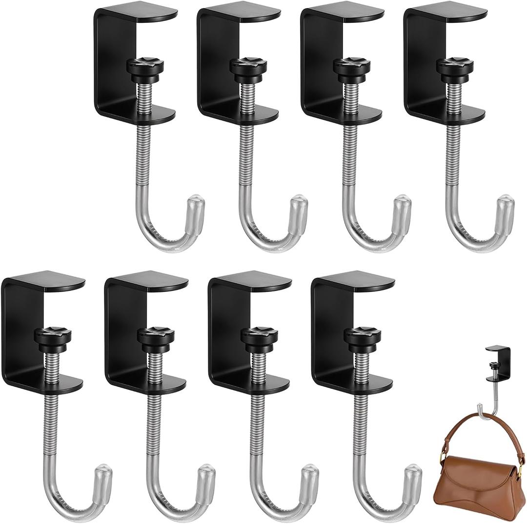 cobee Clamp-On Under Desk Hooks, Desk Mount Hanging Bag Holder Metal Hook Adjustable Headphones Clamp Organizer Portable Purse Hanger Clip Reduce Desk Clutter Table Desk Under Counter (8 Pcs, Black)