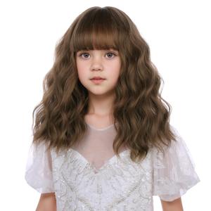 Light Brown Wig for Kids Girls Short Brown Wig with Air Bangs Child Wavy Curly Wigs Heat Resistant Synthetic Wigs with Cap