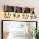 4 Light Farmhouse Bathroom Light Fixtures, Wood Bathroom Light Fixtures Over Mirror, Rustic Sconces Wall Lighting with Elegant Metal Lampshade for Living Room, Bedroom, Hallway (Black)