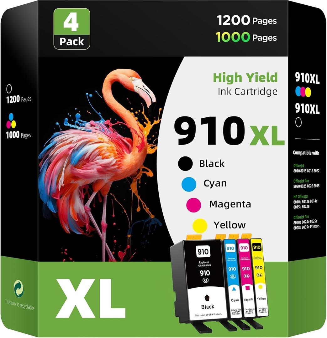 4-Pack Compatible Ink Cartridge Replacement for HP 910XL 910 XL (Black XL & C/M/Y XL) to use with Officejet Pro 8025 8020 8028 8035 8023 Officejet 8022 8010 8015, Black, Magenta, Yellow, Cyan