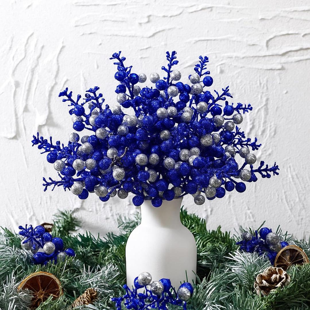 48 Pcs Christmas Glitter Berry Stem 8 Inch Blue Silver Artificial Holly Berry Pick and Spray Christmas Tree Filler Branche Ornament for Xmas Decor Wreath Craft