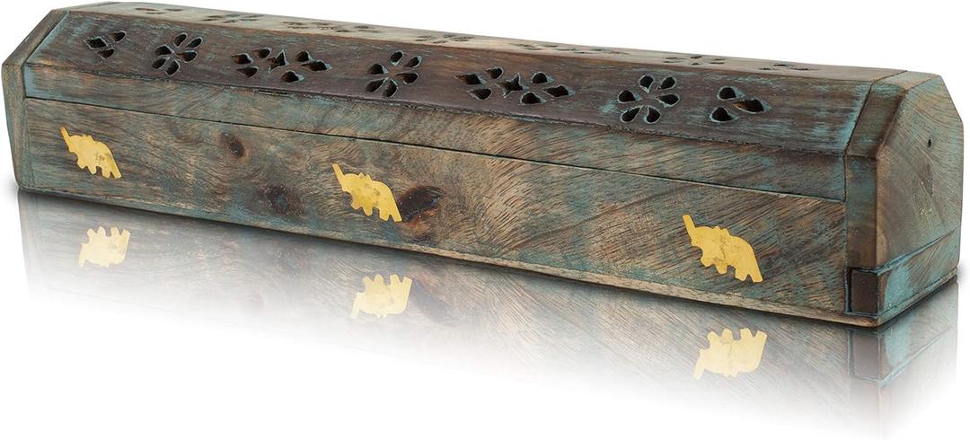 Wooden Incense Stick & Cone Burner Holder Coffin With Storage Compartment Organic Eco Friendly Ash Catcher Agarbatti Holder Rustic Style For Meditation Yoga Aromatherapy Home Fragrance Products (Blue)