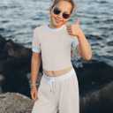 Hilinker Girl's Clothing Set Short Sleeve Crop Tops and Wide Leg Pants 2 Piece Outfits Beige White 13-14 Year (Beige)