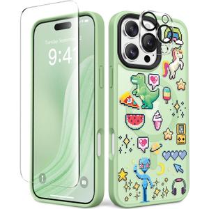 3 x GVIEWIN Magnetic for iPhone 16 Pro Max Case Compatible with Magsafe, [Screen & Camera Lens Protector] Fashion Pattern Translucent Shockproof Phone Cover for 16 Pro Max 6.9" (Carnival/Green)