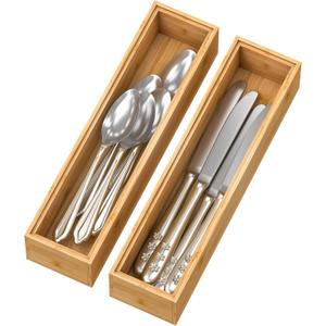 Bamboo Kitchen Drawer Organizer, Stackable Silverware Tray Utensil Organizer Cutlery Holder for Kitchen,Wooden Storage Box for Bathroom, Multi-Use Storage Bins Dividers for Office(12x3x2.5 inch