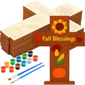DoubleFill 12 Sets Religious Fall Blessing Wood Cross Craft to Paint for Kid Unfinished DIY Fall Cross Craft Kit for Painting Make Your Own Christian Thanksgiving Sunday School Church Classroom Autumn