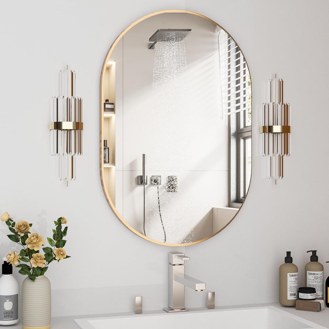Oval Bathroom Mirror Capsule Wall Vanity Mirror, 20"x30" Pill Mirrors Wall Mounted Mirror, Large Modern Mirror with Gold Metal Frame, Decor for Entryway, Bedroom, Living Room (20"L x 30"W, Gold)