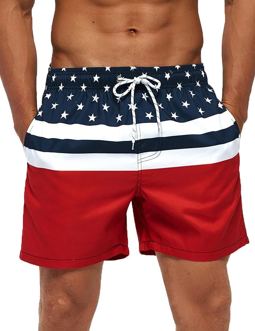 SILKWORLD Mens Swimming Trunks 5 Inch Inseam Swim Shorts Summer Bathing Suit Swimwear Beachwear with Pockets (Medium, American Flag)