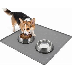 Silicone Pet Feeding Mat, 26x26 Inch Waterproof Dog Bowl Mat Non-Slip, Machine Washable, Thin 0.23 Inch Edge for Messy Eaters, Protects Hardwood & Tile Floors, Dark Grey