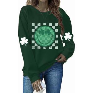 Yimoya St Patricks Day Sweatshirt Women Lucky St Patty Day Shirt Long Sleeve St Patricks Graphic Tops （L, Green-Smile）