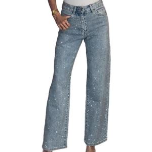 Unybwonn Straight Leg Rhinestone Jeans High Waist Pearl Sparkly Denim Pants (Blue, M)