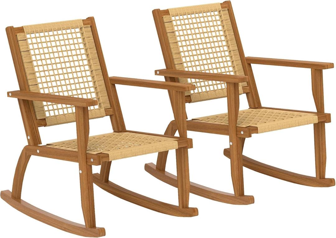 Outsunny Outdoor Rocking Chair Set of 2, Acacia Wood Outdoor Rockers with Armrests, Rattan Wicker Back and Seat, Patio Wooden Rocking Chair Set for Garden, Balcony, Porch, Khaki