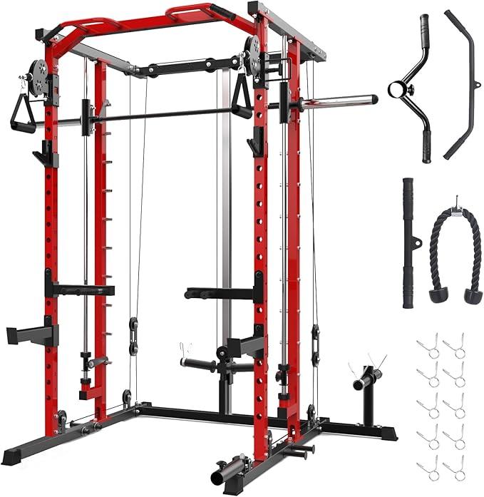 GarveeLife Power Cage, Smith Machine Squat Rack, Heavy Duty Power Rack for Home Gym with Pulley System, Dip Bar, LAT Pulldown, Multifunctional Squat Rack for Home Gym, Red