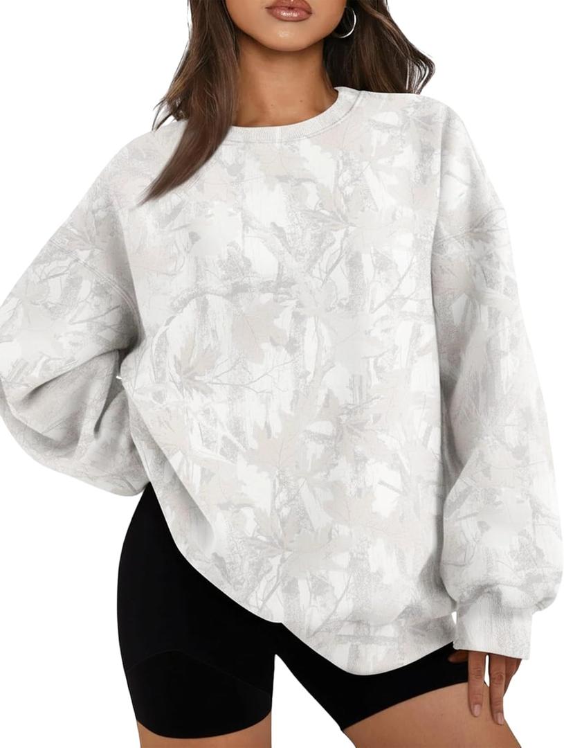 MSBESYOR Camo Sweatshirt for Women Mens Oversized Fleece Camouflage Maple Leaf Crewnecks Pullover Tops Hunting Hoodies (Large, White)