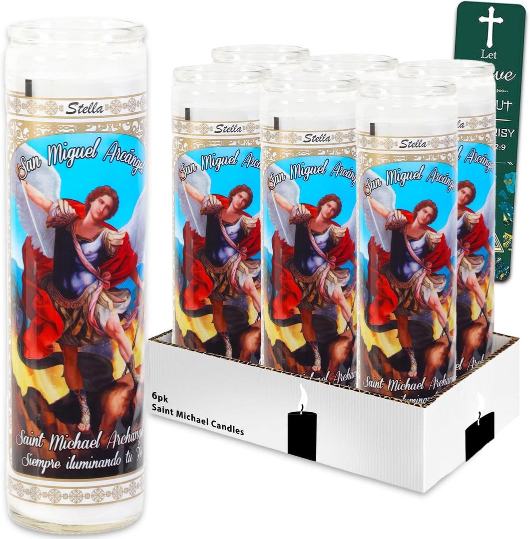6 Pack Saint Michael The Archangel White Religious Candles - Bundle of 8" Glass Devotional Candles for Vigils, Prayers, Blessing Ceremonies, More