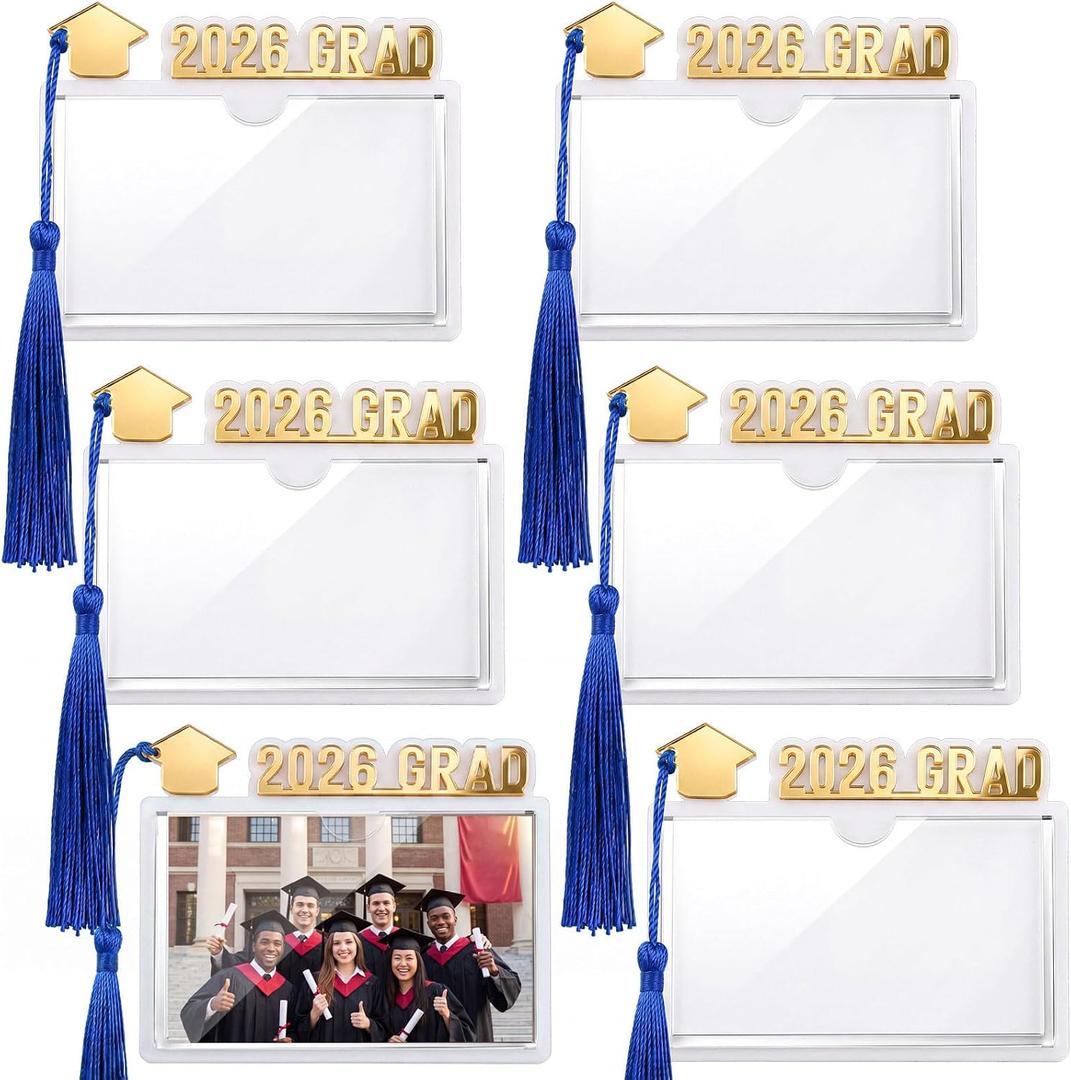 Geyoga Blue 6 Pcs 2026 Graduation Party Favor Graduation Mini Frame Gifts Clear Acrylic Student ID Card Holder with Tassel Magnetic Pin Back Frame Gifts for Diploma Grad Photos Mini Certificate