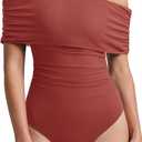 REORIA Womens Bodysuit Sexy Off Shoulder Mesh Leotard Thong Body Suits Outfits for Going Out Tops (Large, Rusty Red)