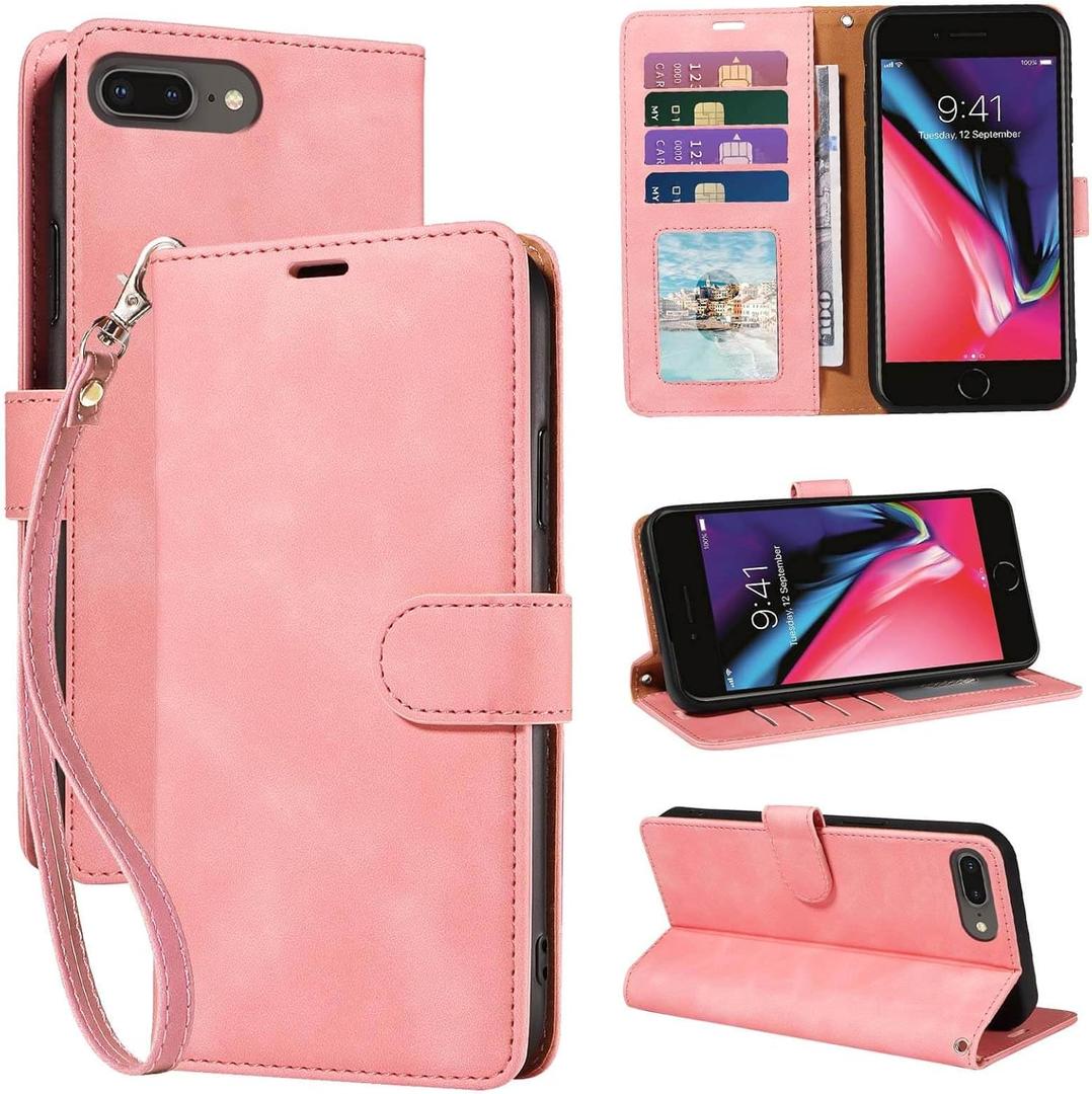 2025 Wallet Case for iPhone 6/6S/7/8 Plus, RFID Blocking 4 Card Slots Holder, Wrist Strap, Leather Shockproof Protective, Stand Folio Flip Cases Cover (Pink)