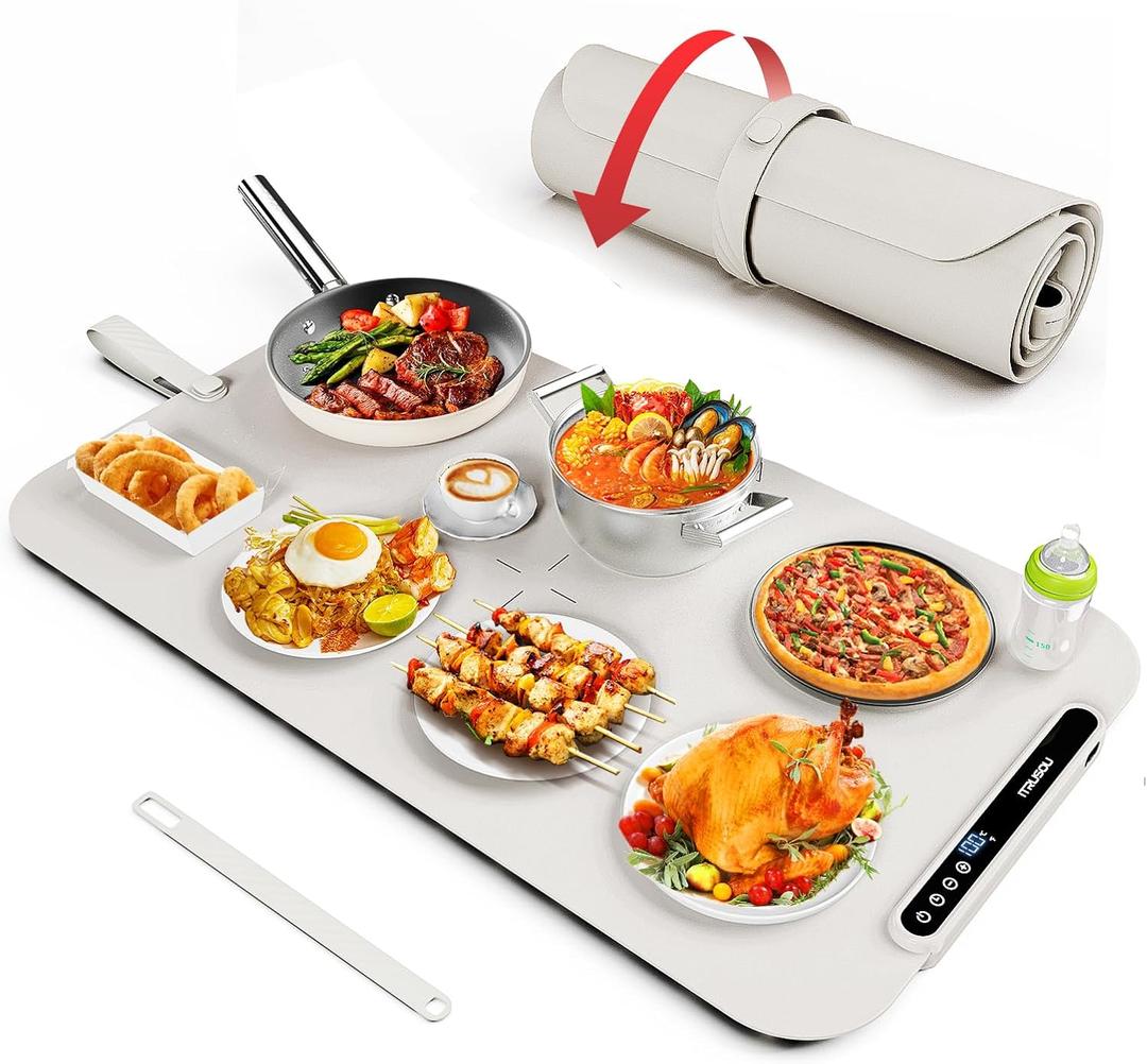 Food Warming Mat, iTRUSOU Silicone Electric Warming Tray with 7 Temp-Settings, 1-8Hr Auto Shut-Off, Switchable Fahrenheit/Celsius, Upgrade Strap Keep Food Warm at Buffet, Party, Sabbath, Daily Use (White)