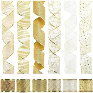 HUIHUANG Gold Christmas Ribbon - 2.5 inch Wide Gold Wire Edge Ribbons for Tree Decorations, Crafts, Gift Wrapping, Wreath, Garland, Bows - 6 Rolls x 6 Yards